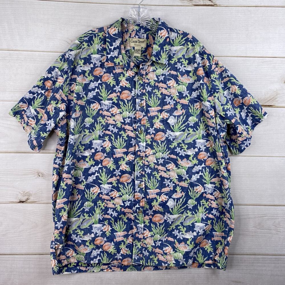 Cooke Street Hawaiian Shirt 2XL Fish Ocean Print Reverse Print Blue Vibrant